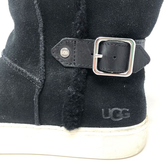 UGG Aika Ankle Boot Womens Sz 10 Buckle Black Suede Pure Sheep Wool Lining Cozy - Picture 2 of 16